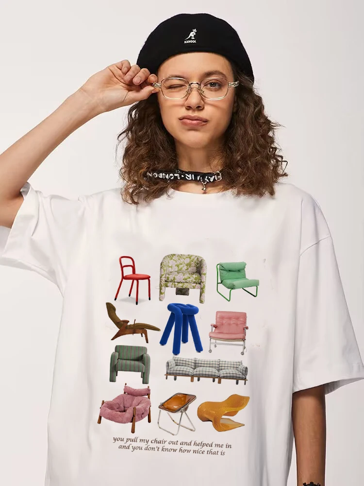 Sunfiz T Shirt Women Pull Chairs  Print Graphic Tee Kawaii Top Female Clothes Casual Y2k Vintage Aesthetic Streetwear  Flora