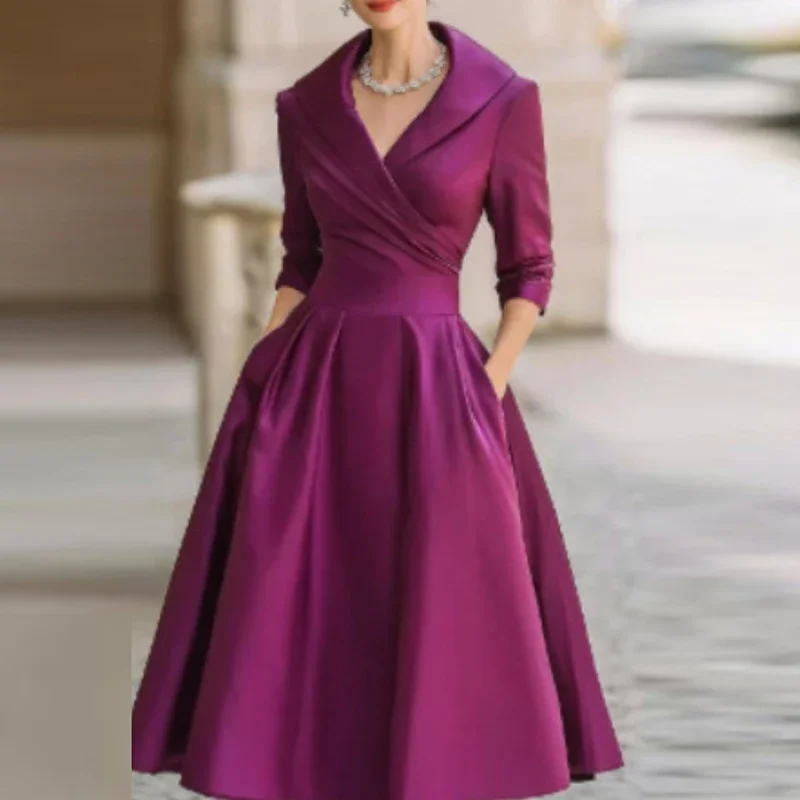 فساتين ماكسي إمبراطورية للخريف والشتاء للنساء، فستان حفلات بأكمام طويلة، فستان أنيق بياقة مقلوبة على شكل حرف a