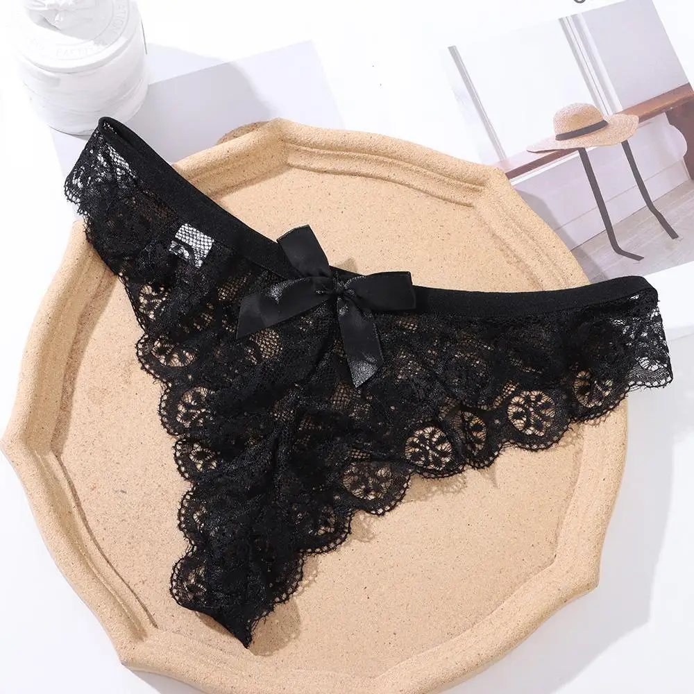 T-back Transparent Lace Flowers Underpants G String Hollow Bow Panties Women's Underwear Thong