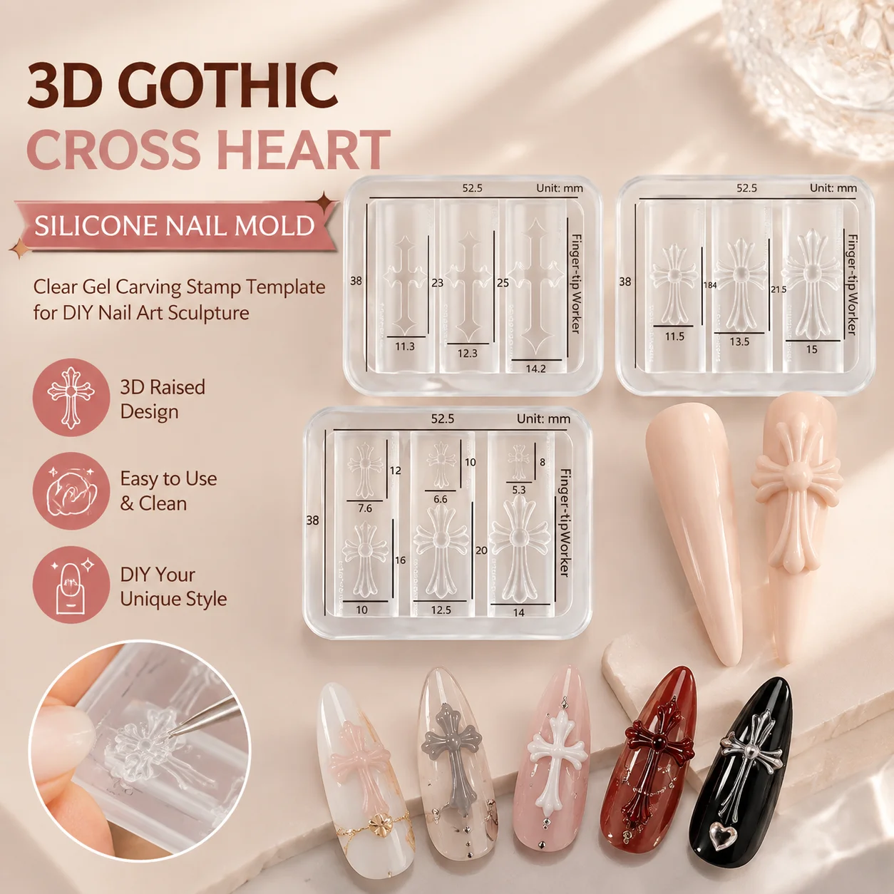 3D Gothic Cross Heart Silicone Nail Mold, Clear Gel Carving Stamp Template for DIY Nail Art Sculpture, Manicure Decor Plate