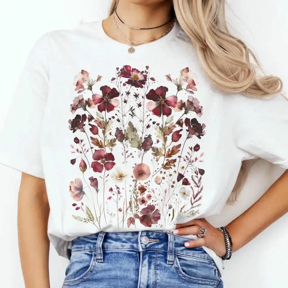 خمر الظلام Cottagecore المارون ضغط الزهور للجنسين Y2K المحملة لمحبي الخيال مضحك عادية تي شيرتات قصيرة الاكمام الشارع الشهير #3