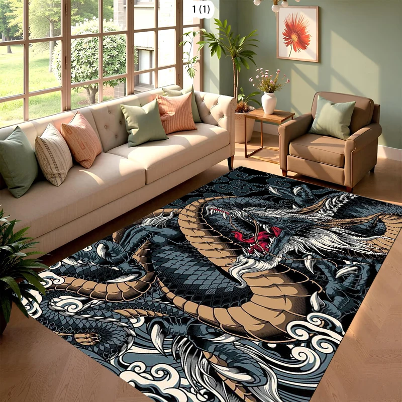 Black Dragon Carpet with Brown and Clouds Pattern Oriental Mythology Area Rug for Living Room Home Decor Non Slip Floor Mat