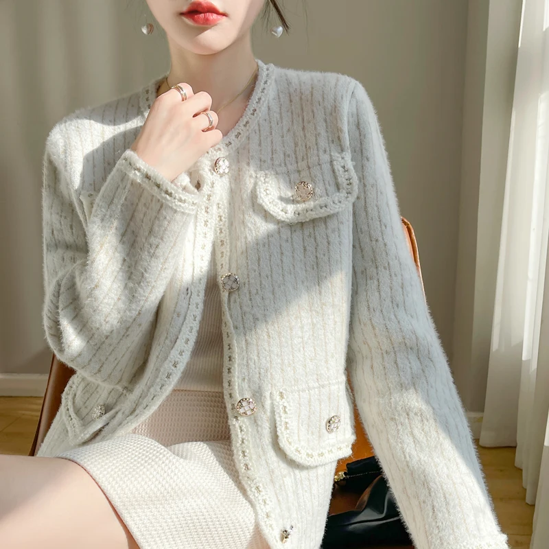 

Ele Ladylike Sle Women's Cardigan Outerwear Spring Autumn Plaid Long Sve Loose Fit High End Top