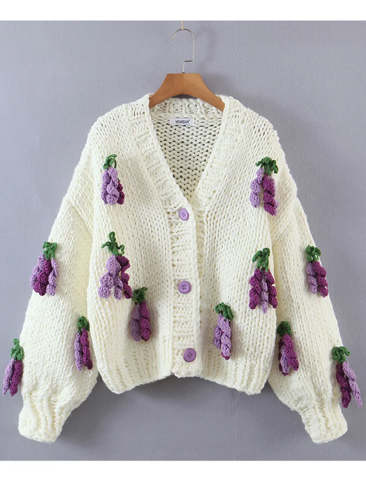 2022 Retro Hand Made Crochet 3D Fruit Ball Cardigan Woman V neck Long sleeve Knitting Coarse Sweater Knitwear Jumper Purple