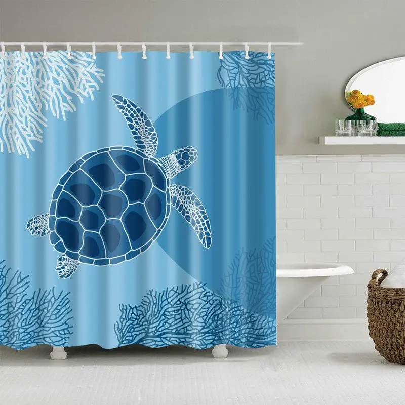 

blue sea turtle shower curtain with coral reef pattern for ocean themed bathroom decor calming marine art style easy to care for
