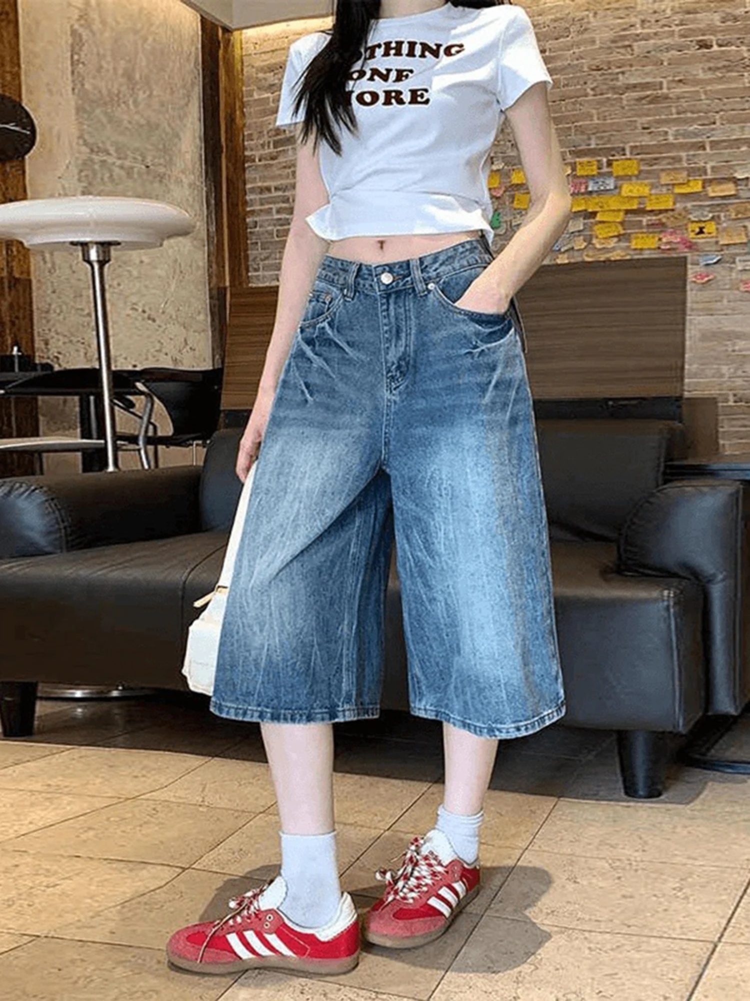 Pantalones de pierna ancha de cintura alta para mujer, pantalón Retro americano, pierna recta, patrón de relámpago, Seven-Five, verano, seis seis