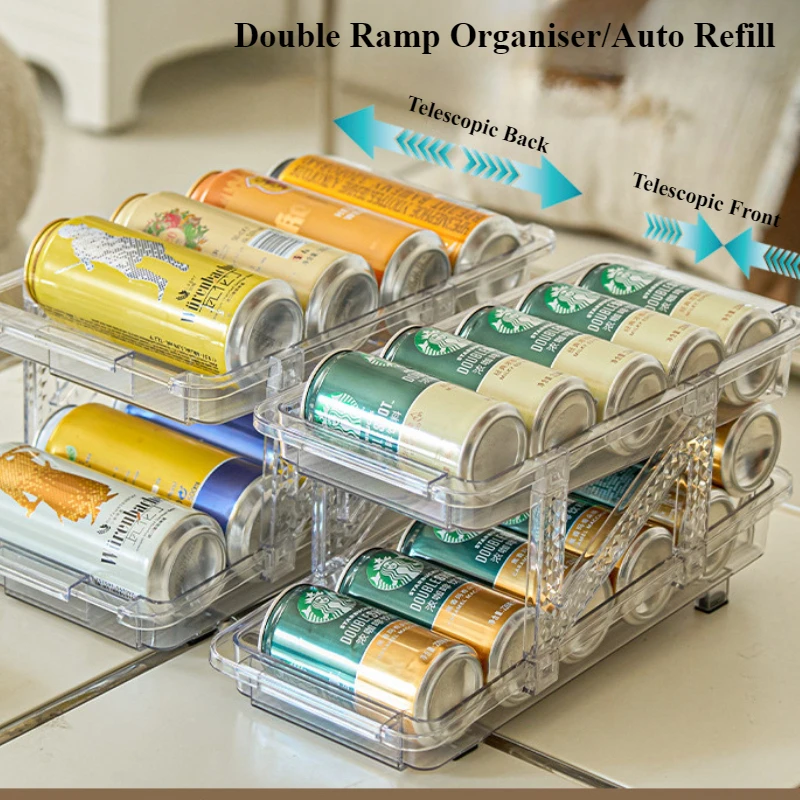 

1PCS Double Expandable Rolling Drink Organiser Auto Replacement Can Organiser Refrigerator Soft Drink Desktop Shelf NEW