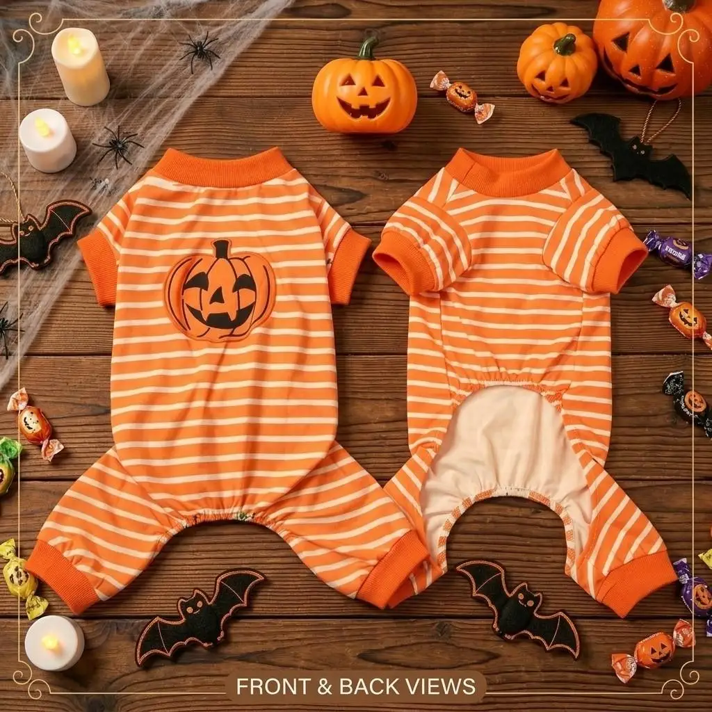 Halloween Orange-Weiß Gestreifter Hunde-Vierbeiner-Anzug Kürbis-Patch Welpen-Bodysuit Einteiler Pyjama Kleidung für Kleine Mittelgroße Hunde Katzen – Detail 9