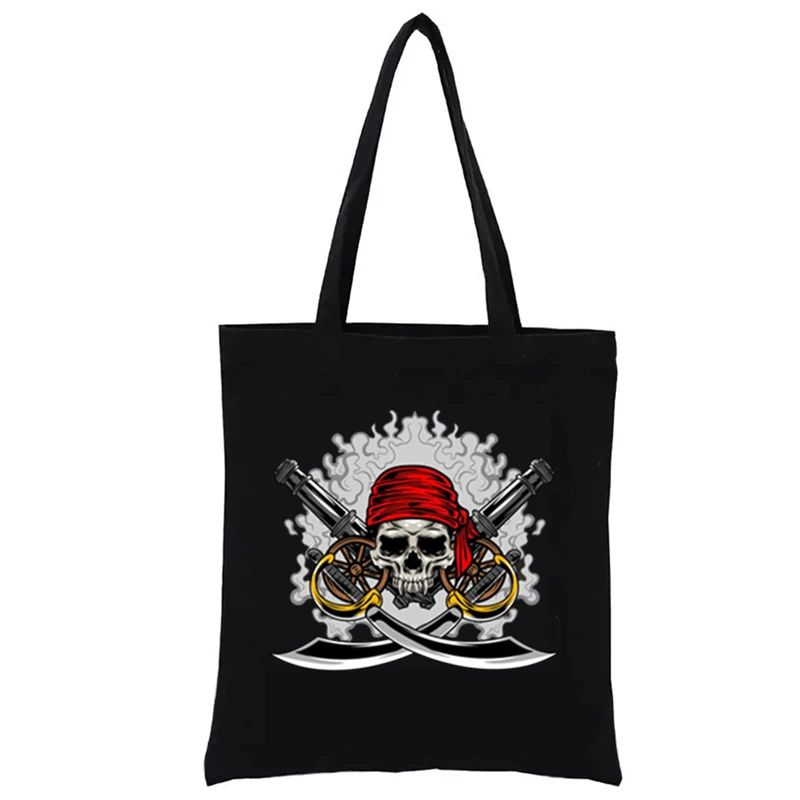 

Pirates Skull Illustration Fashion Graphic Print Shopping Bags Funny Totebag Female Bag S Woven Tote Women's Handbags Shopper