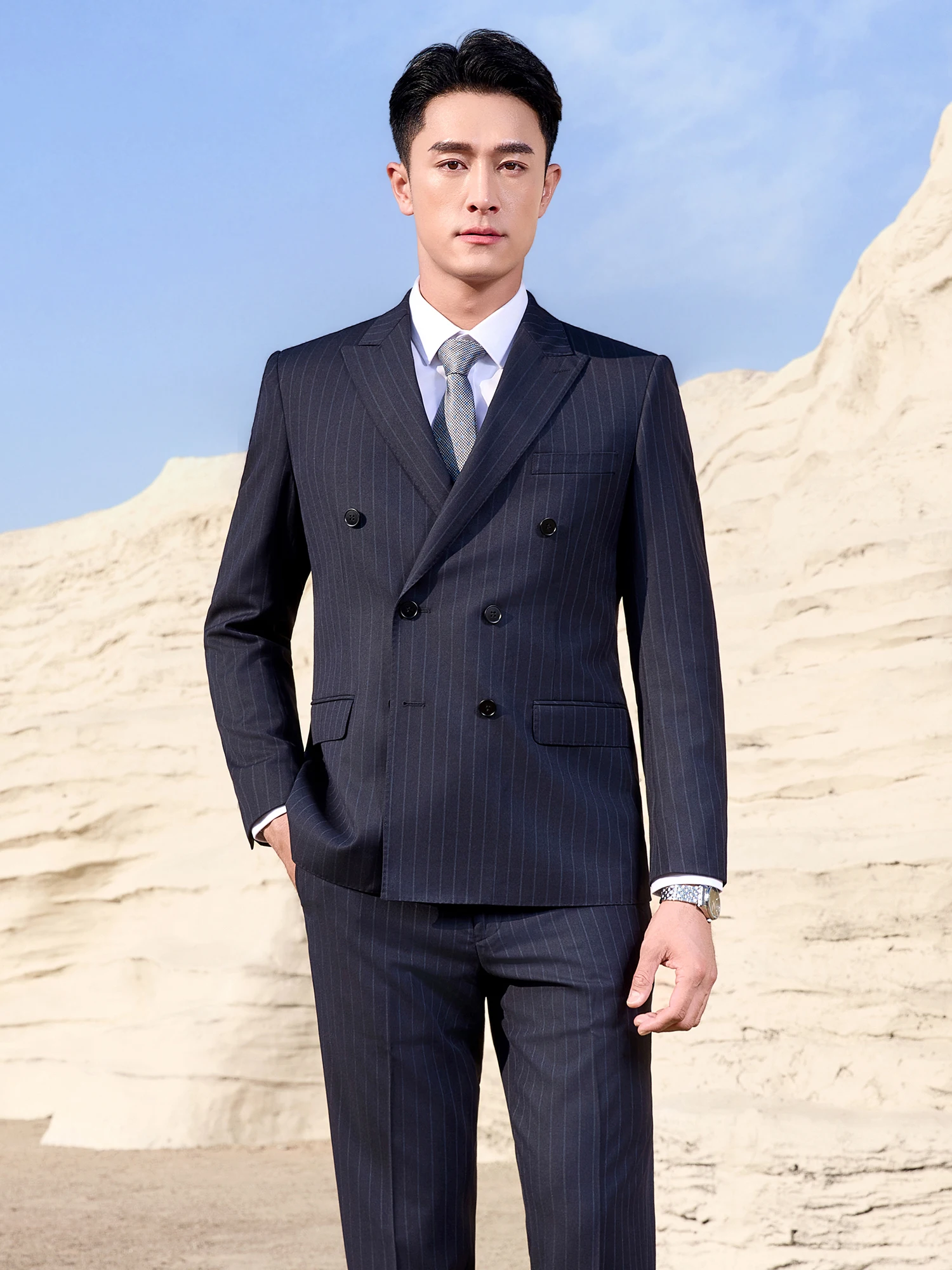 Men's Business Casual Striped Suit Set Standard Fit Double Breasted Wedding Groomsmen Best Man Formal Wear Spring Season