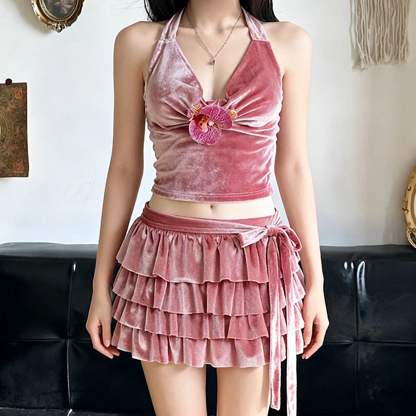 Słodkie aksamitne komplety sukienek damskich, seksowne zestawy dwuczęściowe, bez rękawów, z odkrytymi plecami, topy typu halter, spódnice plisowane w kształcie litery A z bandażami i średnim stanem, dla pań.