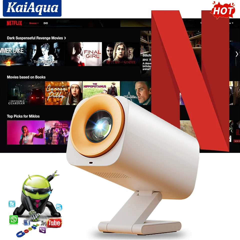جهاز عرض KaiAqua عالي الدقة 1080 بكسل 4K ذكي يعمل بالبلوتوث واي فاي 6 مدعوم بتركيز تلقائي 300ANSI أجهزة عرض سينما للمسرح المنزلي 2026 جديد