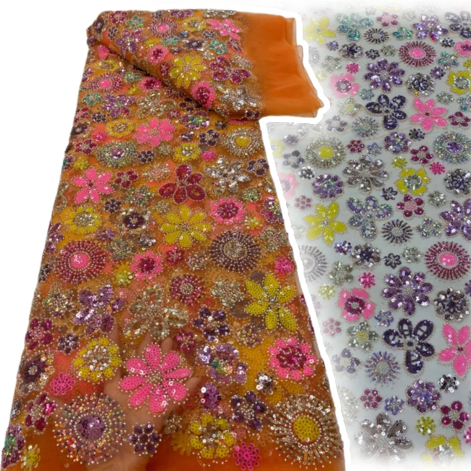 

French Party Dress African Beaded Tulle Lace Fabric High-Quality Nigerian Sequin Mesh Lace Fabric Wedding Material 5 Yards 2022