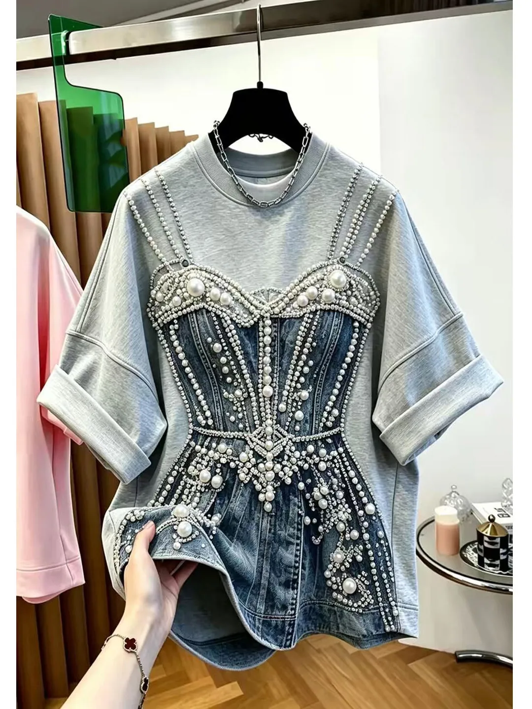 Fashionable Heavy-Duty Beaded Print Loose Short-Sleeve T-Shirt Women's Premium Feeling Summer New Style Korean Version Commut...