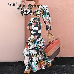 VGH Hit Color Printing Two Piece Set For Women Round Neck Flare Sleeve Sexy Tops High Waist Long Skirt Hollow Out Sets Female