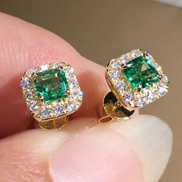 Foydjew 2024 Nowy trend Brilliant Square Emerald Green Zircon Kolczyki sztyfty Retro Prosty ślubny kolczyk w kolorze złotym dla kobiet