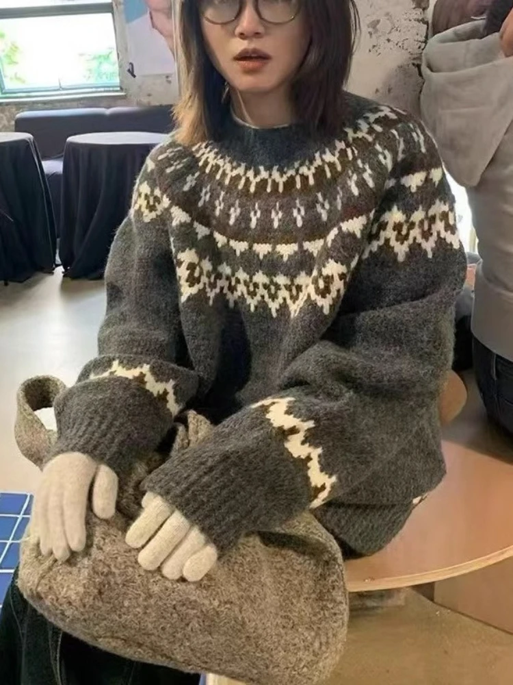 

American Retro Jacquard O Neck Sweater Women Winter Y2k Knitwear Loose Fit Sweater Pullover Long-Sleeve Oversized Top Streetwear