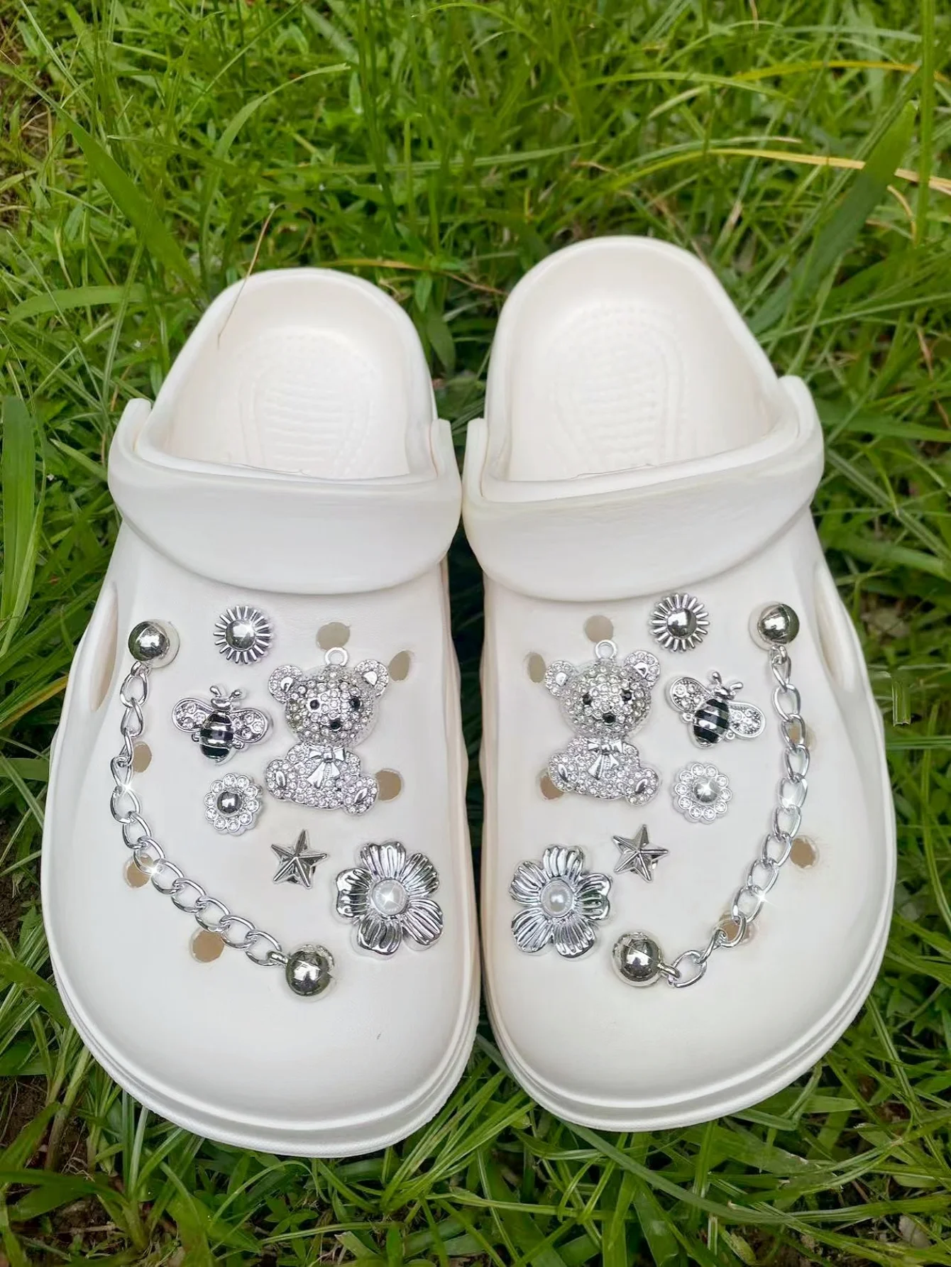 

14, серебряная цепочка из АБС-пластика, бриллиантовый медведь в горошек, пчела, пряжка для обуви со звездами, украшения своими руками, многофункциональные аксессуары для зажимов для обуви для женщин