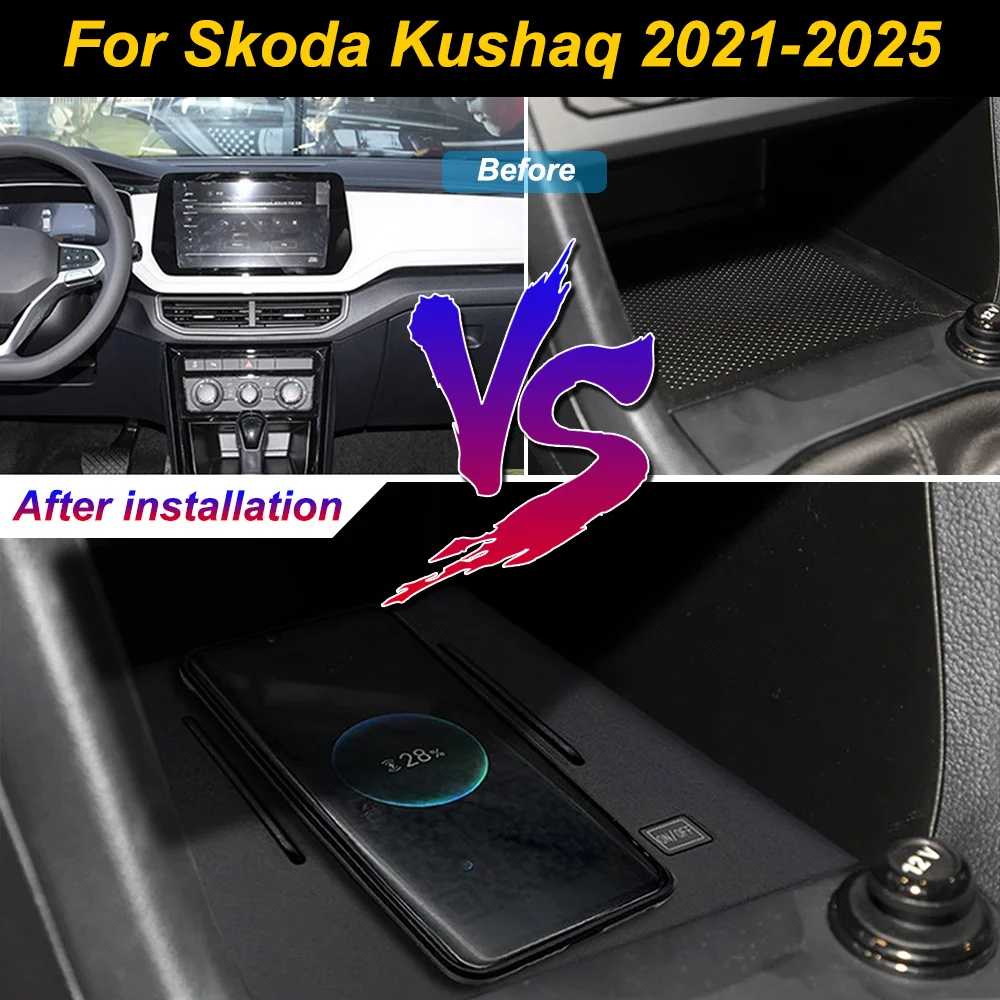 Carregador Sem Fio 2 Din para Skoda Kushaq 2021-2025, Suporte de Carregamento Rápido 18W para iPhone no Console Central do Carro