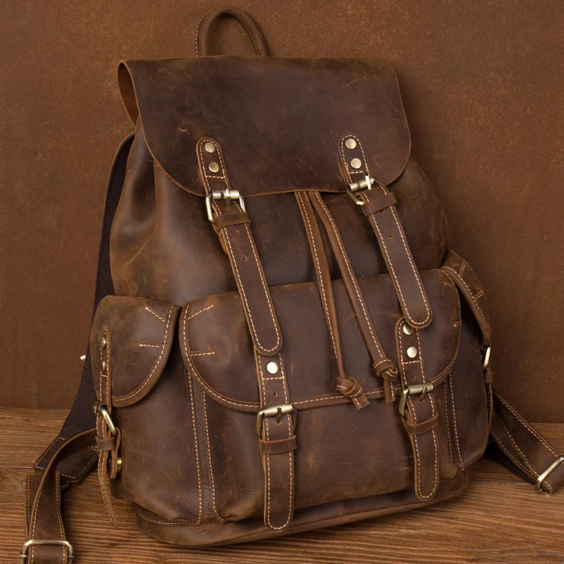 New Crazy Horse Leather Men's Backpack Vintage Top Layer Leather Handmade Backpack Leather Casual Computer Backpack