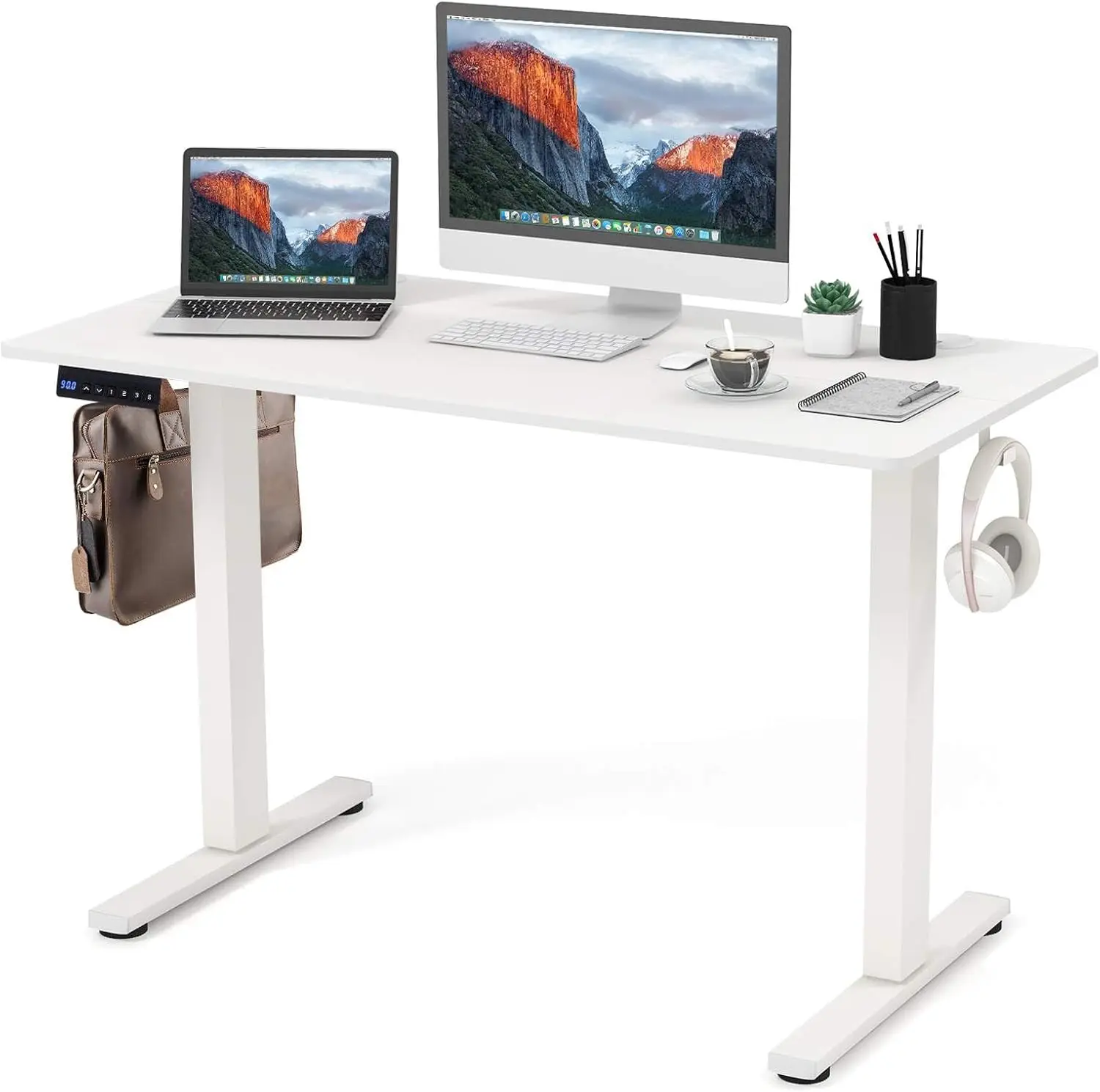 Standing Desk, 120 cm x 60 cm Height Adjustable Desk with 3 Memory Heights, 2 Hanging Hooks & 2 Cable Management Holes, Anti-Co