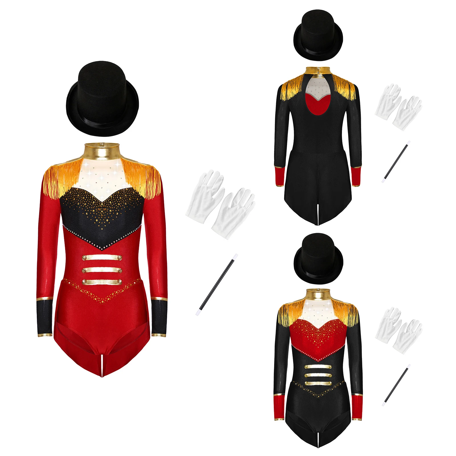 

Girls Circus Magician Dress Up Costume Rhinestones Long Sleeve Epaulets Tassels Crotch Buttons Jumpsuit with Hat Gloves