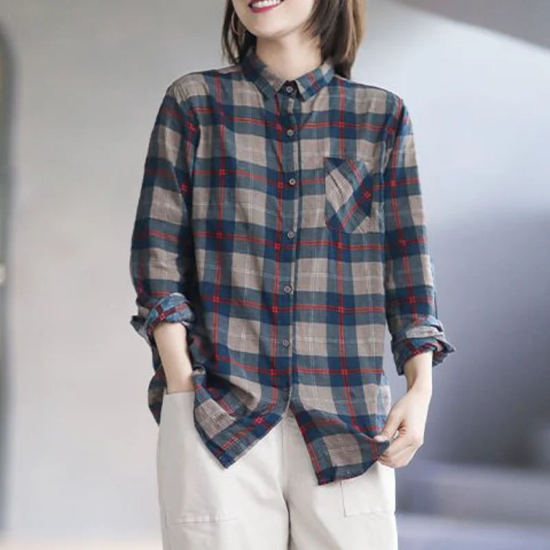 2025 Spring Cotton Linen Retro Plaid Shirt Patch Pocket Long Sleeve Lapel Breasted Casual Cardigan Top for Women