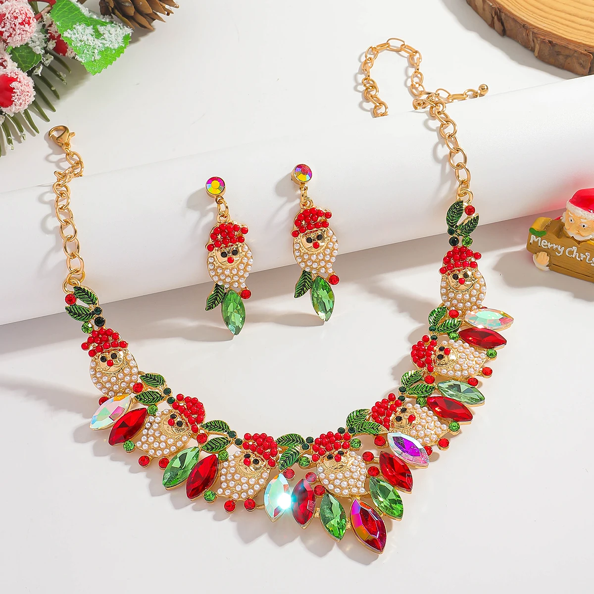 

3Pcs/Set Christmas Handmade Bling Rhinestone Alloy Necklace Earrings Set Santa Claus Crystal Dangle Earrings Women Accessories