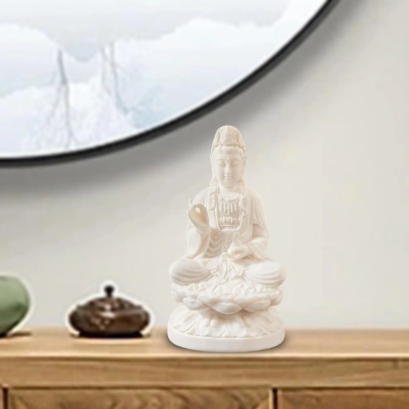 Guanyin Buddha Ornament Ivory Nut Carved Miniature Sculpture White Color for Desk Shelf Car Interior Religious Home Decor Gift