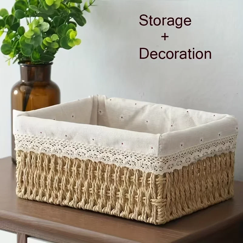Handmade Rattan Storage Basket, Desktop Rattan Storage Basket With Removable Lace Lining, Suitable For Cosmetic Storage