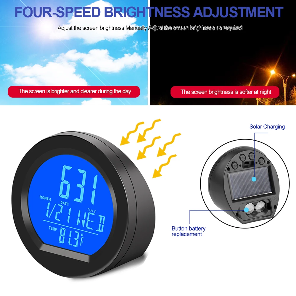 

Автомобильные часы на солнечной энергии, термометр, автоматический переключатель с подсветкой, умный датчик температуры в салоне автомобиля, грузовика, автомобильные часы