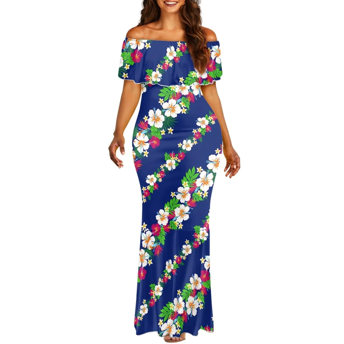 ชุดเดรสออกงานลายดอกชบาแบบโพลินีเซียน ทรงเมอร์เมดเปิดไหล่  แบบเข้ารูปสั่งตัดได้  สีน้ำเงิน  สำหรับงานเลี้ยงค็อกเทล