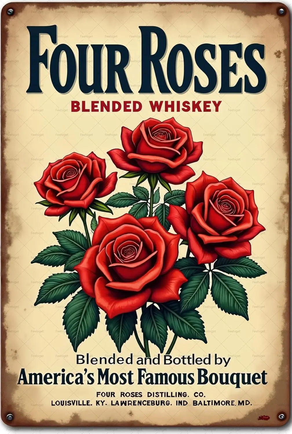 Metall-Blechschild „Four Roses Blended Whiskey“ mit roten Rosen, Vintage-Metallschild für Männer und Frauen, Wanddekoration für Bars