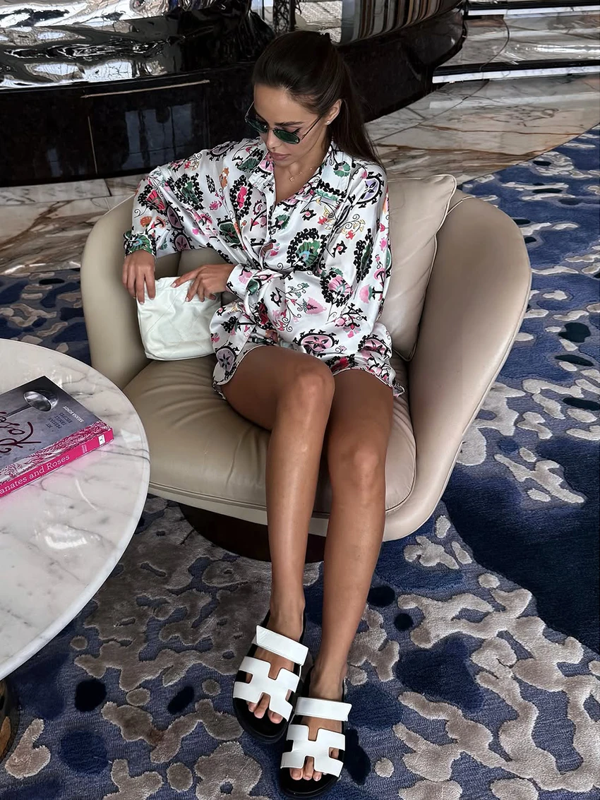 Marthaqiqi Printing Loose Women Nightwear Suit Turn-Down Collar Sleepwear Long Sleeve Pajamas Shorts Casual Ladies Nightgown Set