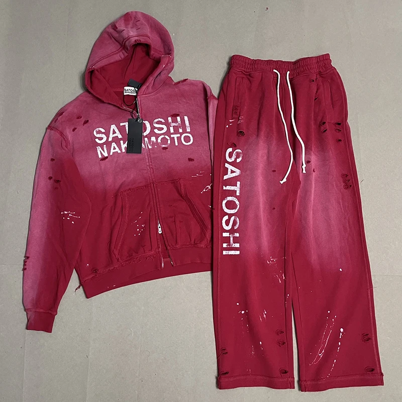 Men Women Vintage Distressed SATOSHI Gradient Zip Hoodie Wide Leg Sweatpants Paint Splatter Streetwear 2 Piece Outfit