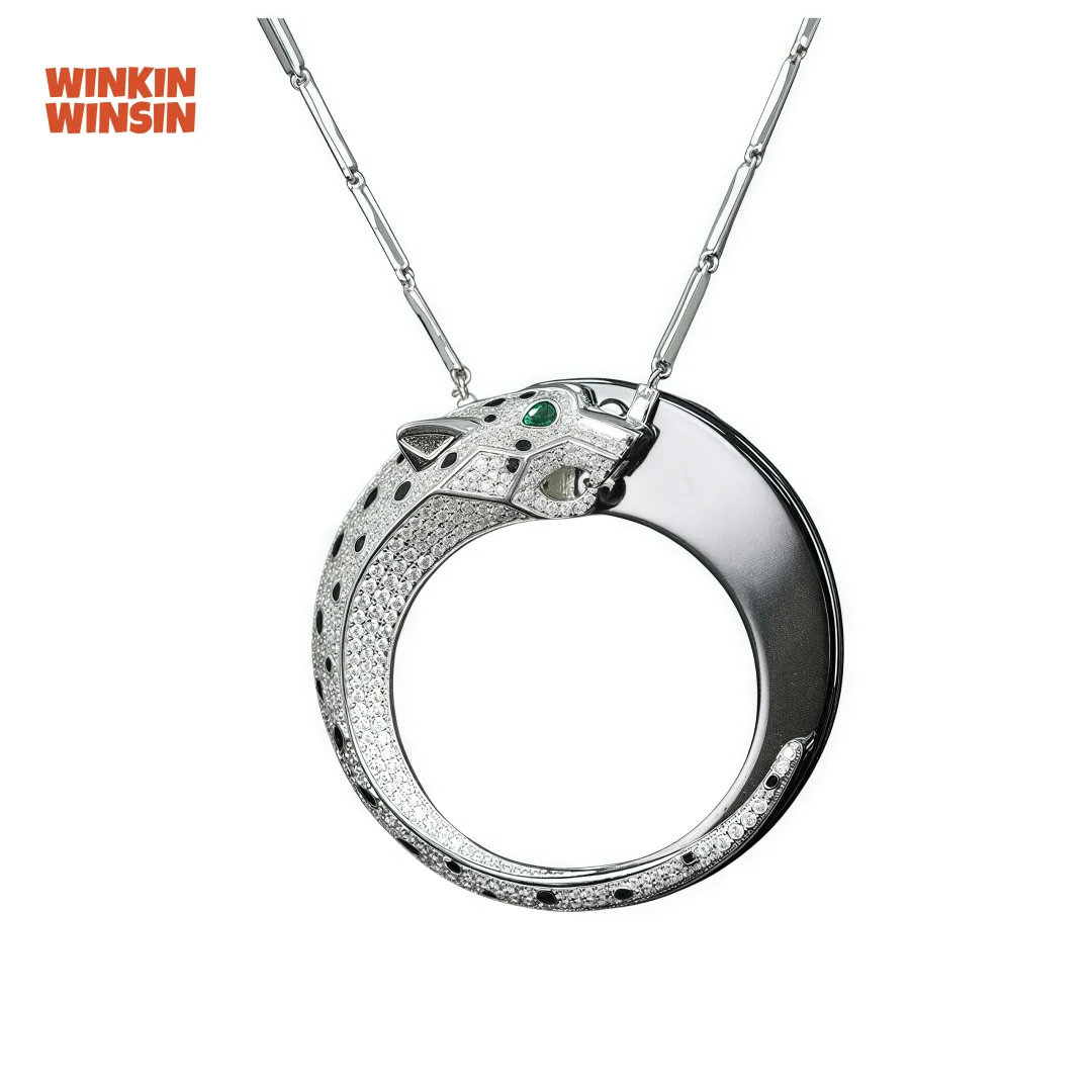 

WINKIN WINSIN Brand Carbon Diamond Double Sided Leopard Black Enamel Women Pendant 925 Sterling Silver Necklace Pendants Jewelry
