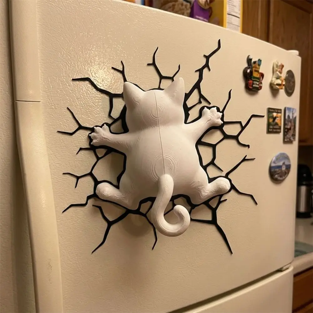 Novelty 3D Crack Cat Fridge Magnet 3D Printed Climbing Back Crack Cat Refrigerator Magnet Optical Illusion Whimsical