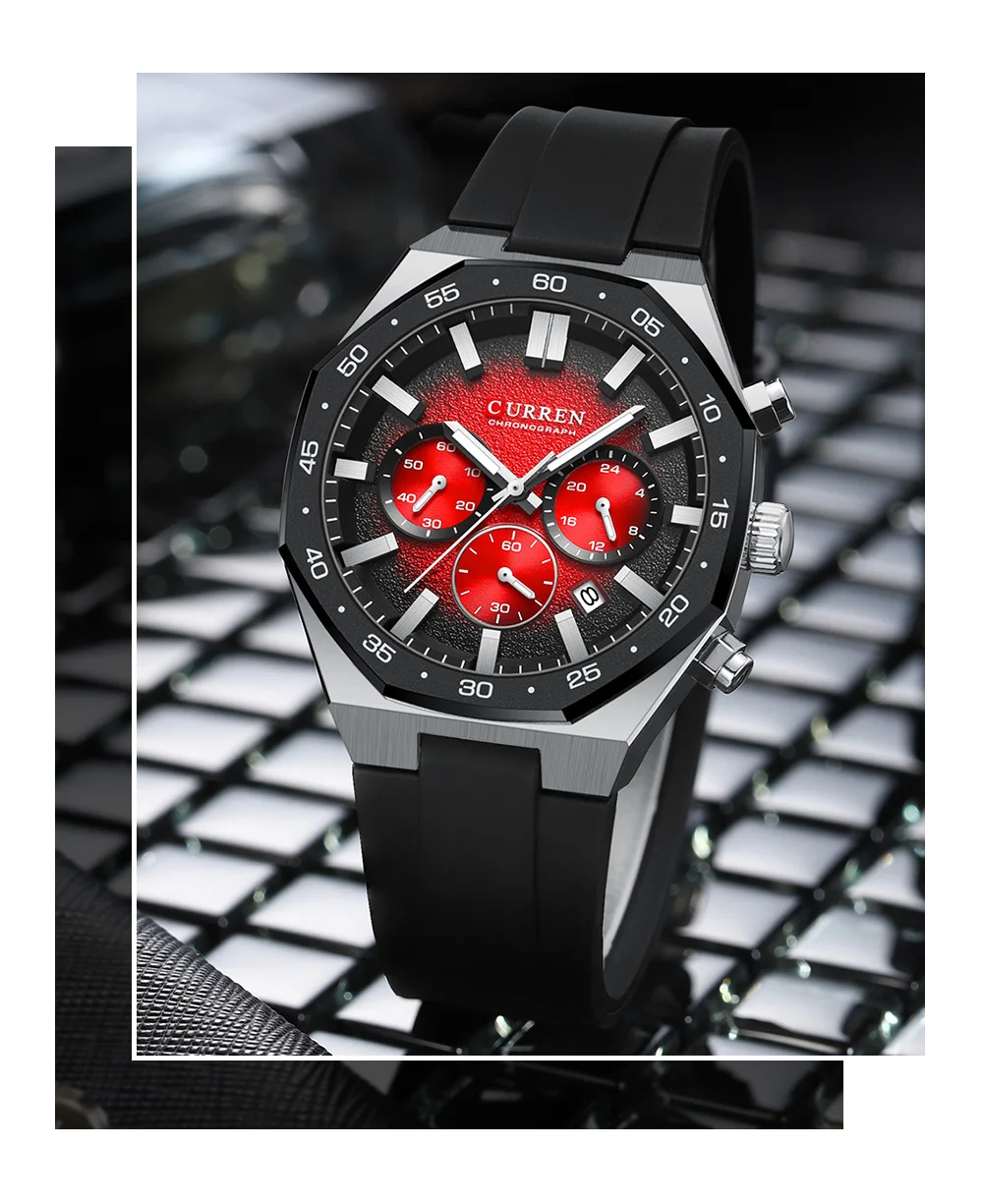 CURREN Herren Sport-Chronograph-Uhr mit Silikonarmband, Multifunktionszifferblatt mit Datum, Leuchtzeigern, Casual Quarz-Armbanduhr – Detail 14