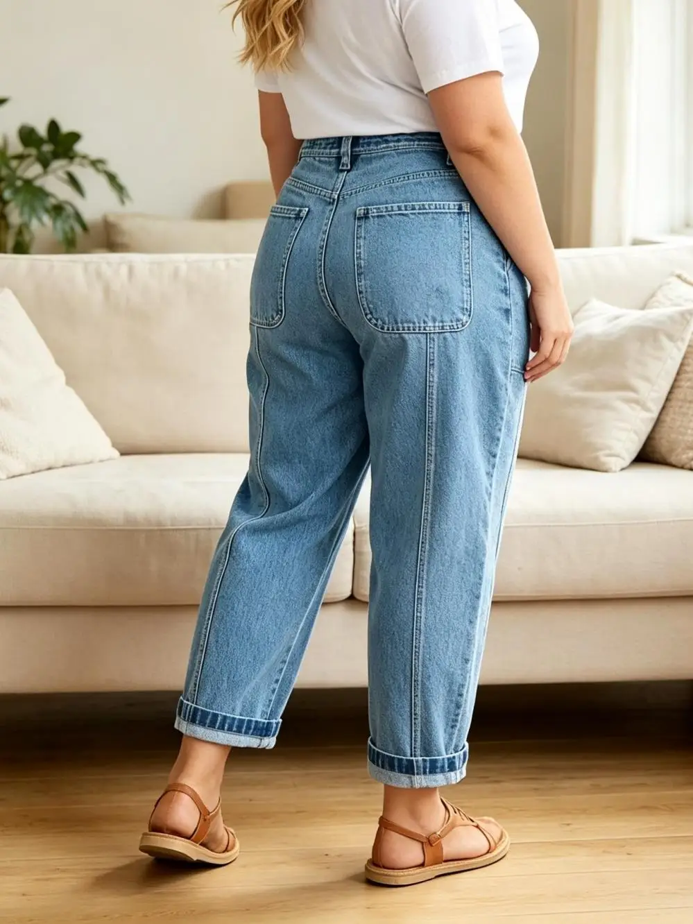 【HME】Jeans | Women High Waist Tapered Denim Pants, Vintage Barrel Denim Jeans With Cargo Patch Pockets & Vertical Seam Detail, Roll‑Up Cuff Ankle Length, Loose Relaxed Fit Casual Pants For Ladies