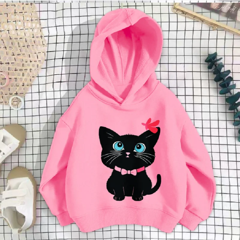 Winter Kids 'Hoodie – Girls' Fashionable Hooded Outerwear: Cute Baby Cat Print Hooded Sweatshirt