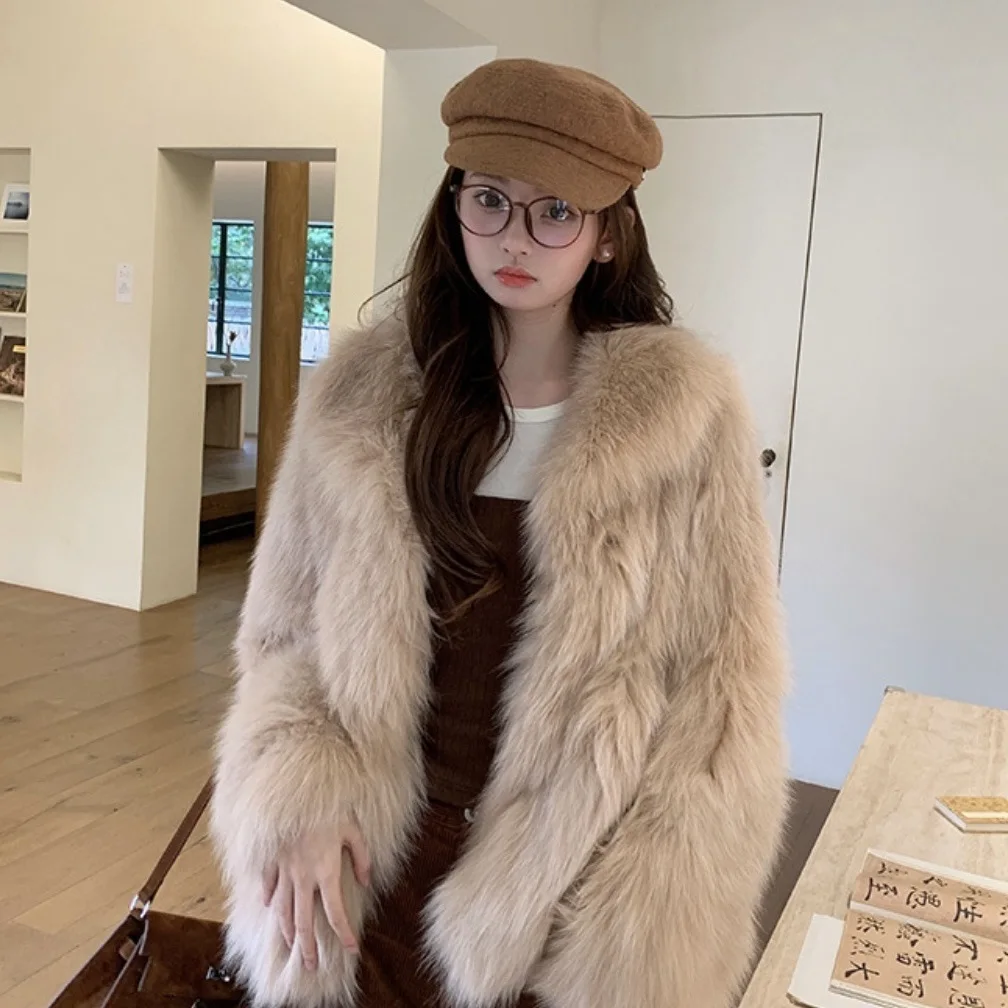 Women Faux Fur Coats Solid Mid Lenth Jackets Long Sleeves V Neck Open Stitch Thick Loose Fit Elegant Casual 2026 Autumn Winter
