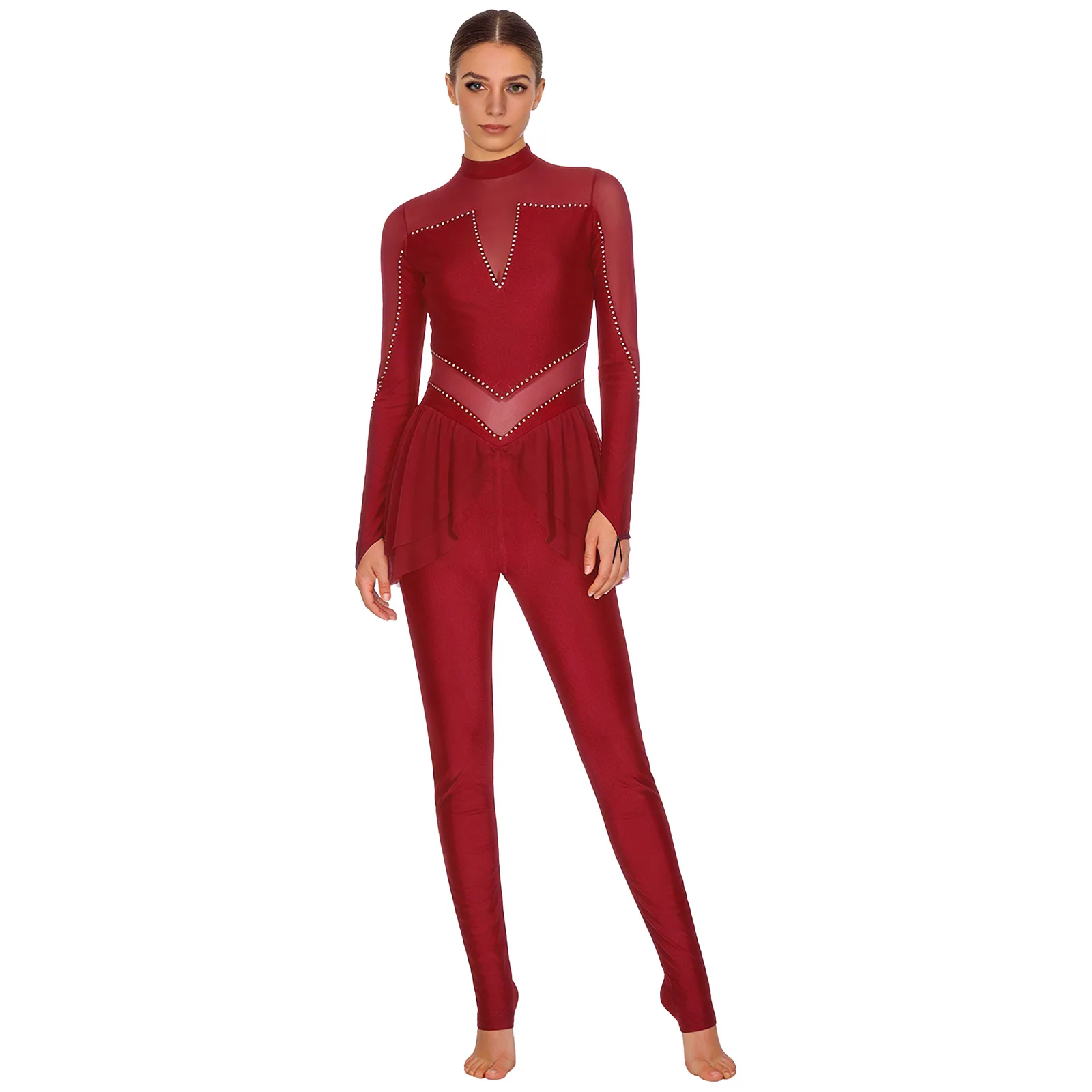 Frauen Eiskunstlauf Gymnastik Overall Glänzende Strass Sheer Mesh Patchwork Langarm Leggings Unitard Body für Sport