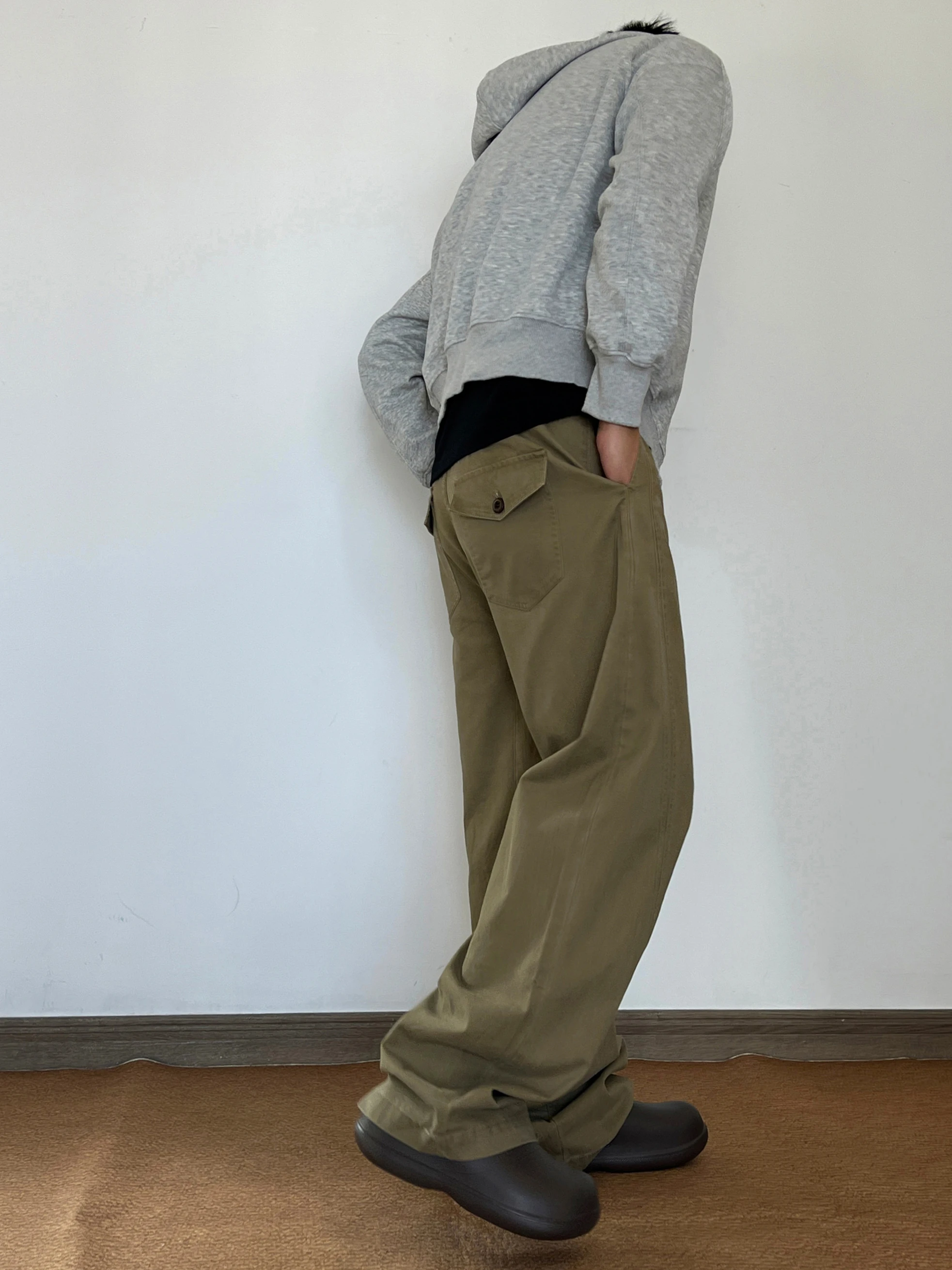 

American Retro Straight Leg Workwear Pants Loose Fit ex Casual Long Trousers Cleanfit Youthful Energy Sle Khaki Color