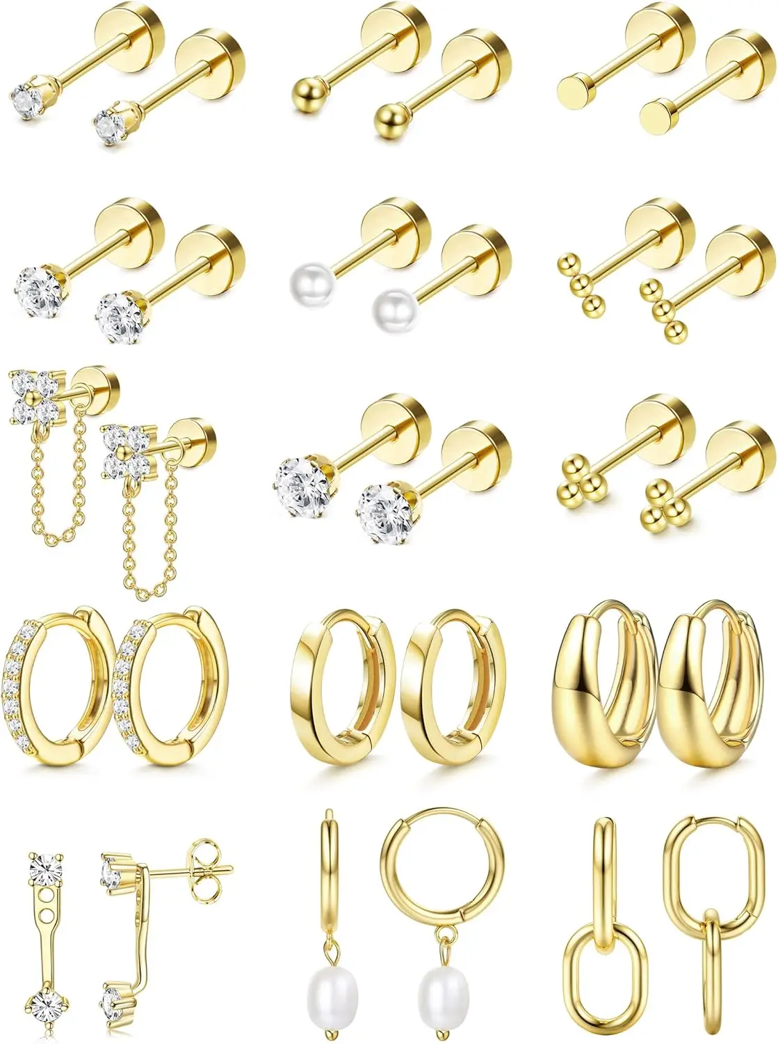 

Hypoallergenic Surgical Steel Earrings for Sensitive Ears, 14K Gold Plated Hoops and Flatback Studs for Multiple Piercing