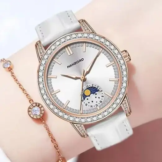 HANBORO Women Quartz Watch 34mm Ladies Wristwatch Sapphire Mirror Crystal Bezel Sun-moon Dial