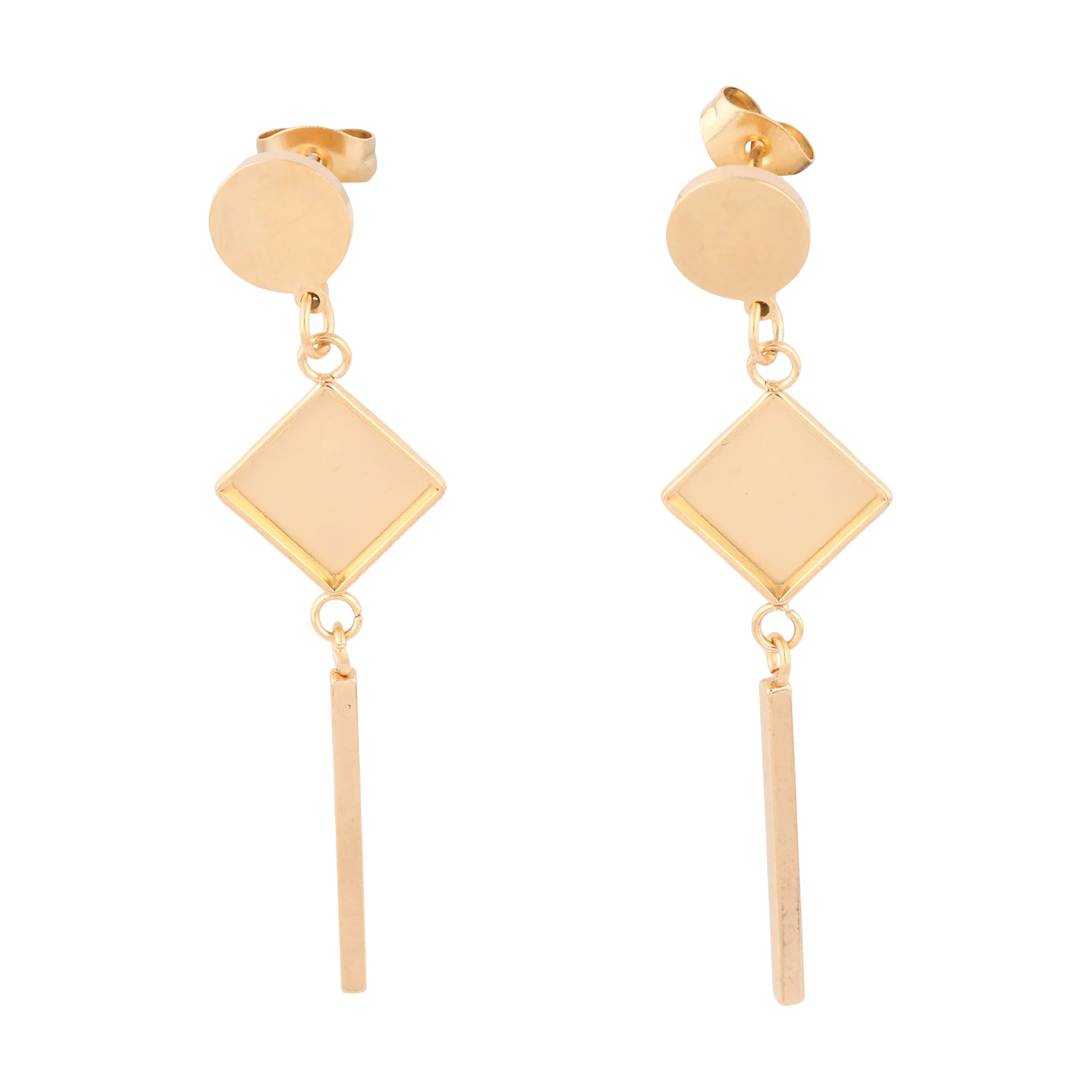 Stainless Steel Gold Plated Earring Bezel Blanks, Fit 8mm Square Cabochon Setting, 6pcs with Trailer Bar, DIY Post Studs