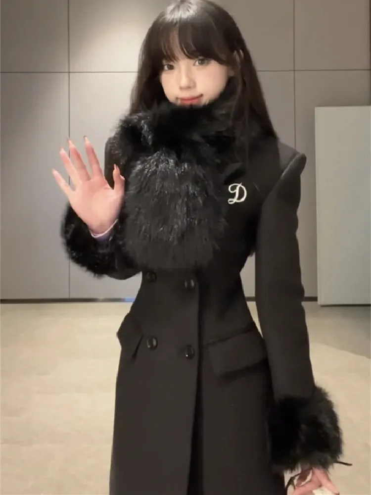 Ele longo casaco de lã para mulher com gola de pele fino ajuste coreano sle commute inverno outerwear na altura do joelho único botão