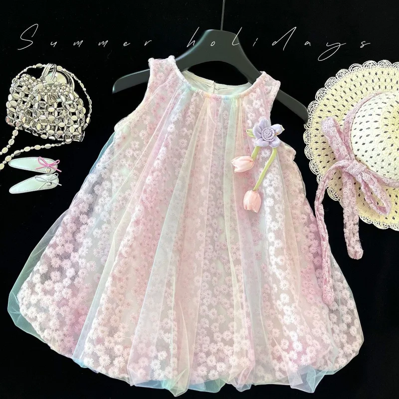 

Girls' Dress2025Summer New Style Baby Girl Mesh Vest Dress Little Girl Flower Princess Dress Wholesale