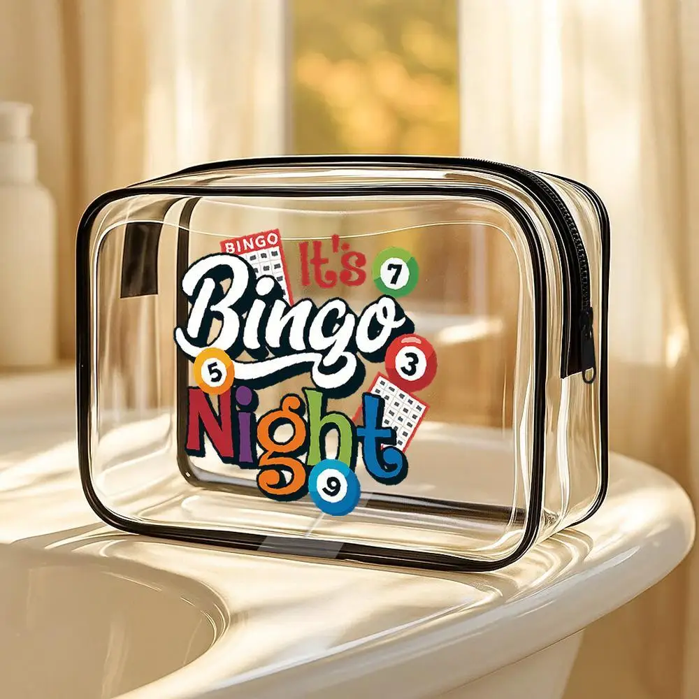 

Women's Bingo Night Themed Clear Cosmetic Bag - Bingo Card Print with -9 Numbered Squares & Bingo Caller Icons, Lightweight Zipp