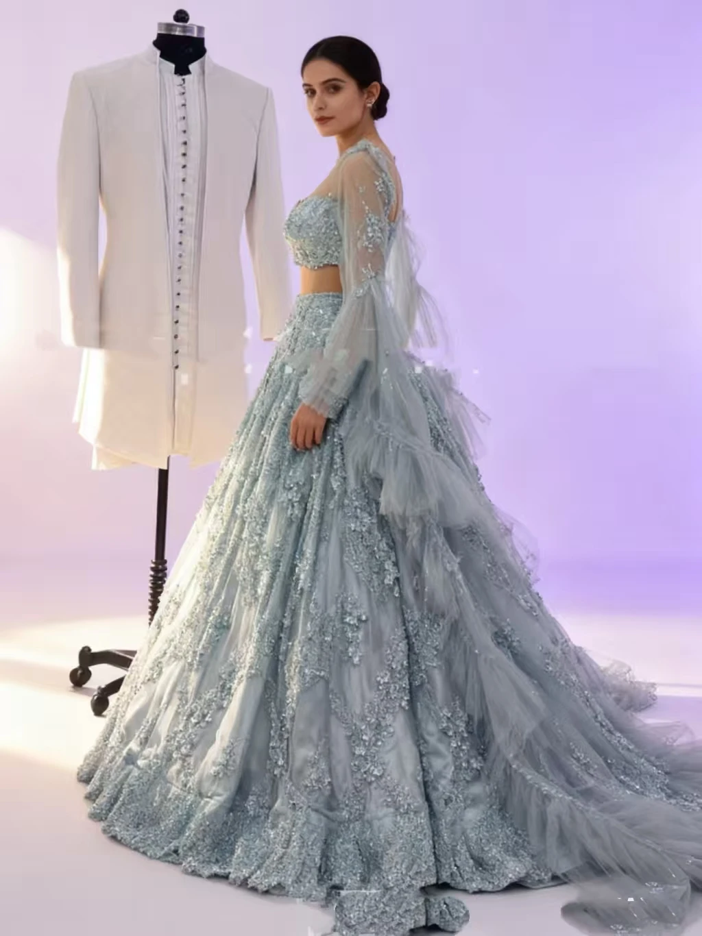 Silver Grey Indian Bridal Weddin Dresses with Fairy Long Sleeve Two Pieces Beaded Applique Lehenga Caftan Bridal Gown customsiz